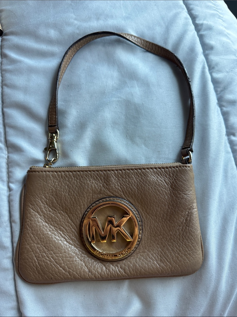 Michael Kors Taupe Leather Wristlet with Gold MK Emblem